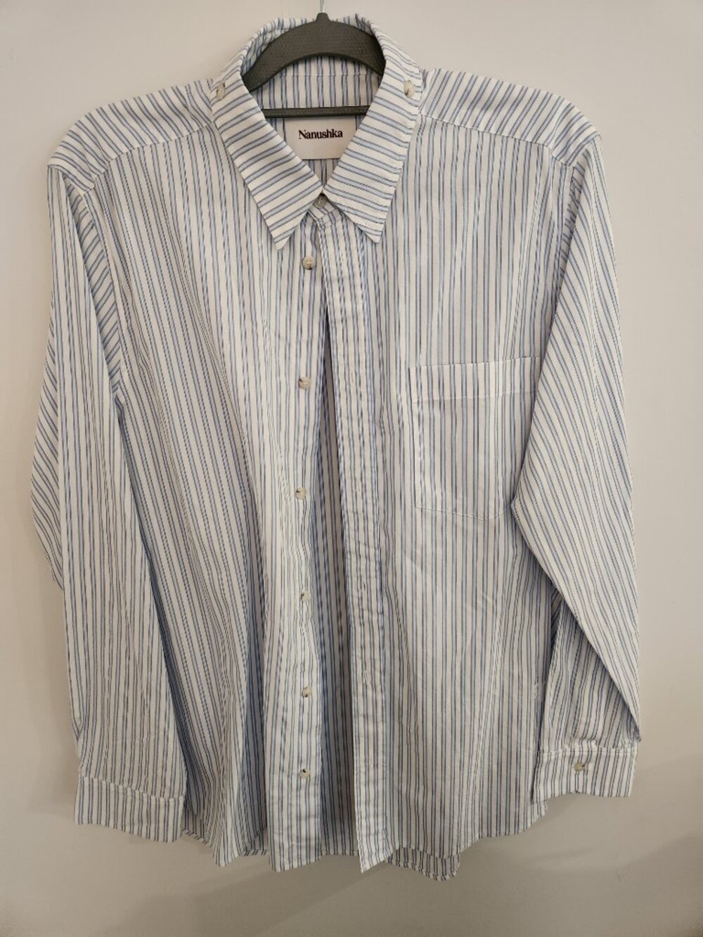 Nanushka Men's Striped 100% Organic Cotton Button Down Shirt White Blue XL